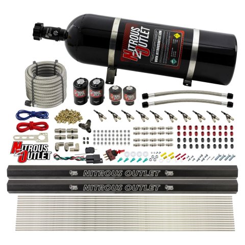 Nitrous Outlet Oxide Systems 00-10497-E85-R-15 10 Cyl 4 Sol Direct Port Sys w/ Dual Rail E85 Hi PSI(15Lb Bottle)(90° Noz)