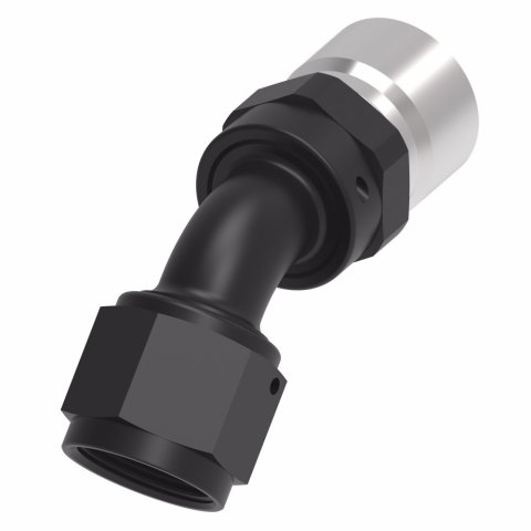 Fitting - Hose End - StreetLite - 45 Degree - 6 AN Hose Crimp to 6 AN Female - Swivel - Aluminum - Black / Silver Anodized - Each