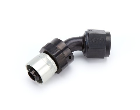 Fitting - Hose End - StreetLite - 45 Degree - 8 AN Hose Crimp to 8 AN Female - Swivel - Aluminum - Black / Silver Anodized - Each