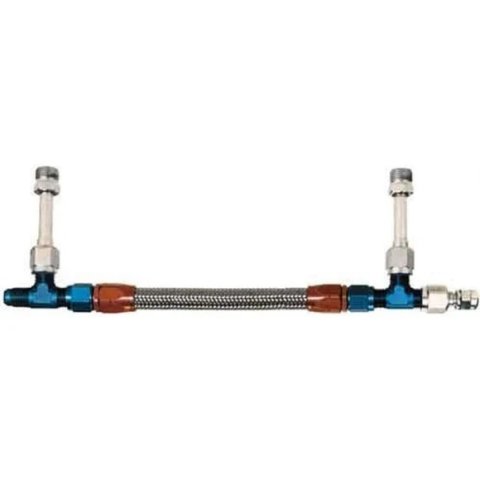 Carburetor Fuel Line - 6 AN Male Inlet - Dual 9/16-24 in Male Outlets - Braided Stainless Hose - Blue / Red / Silver - Holley 4150 - Kit