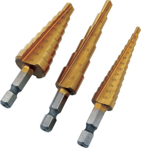 Drill Bit - Step - 3/16 to 1/2 in - 1/4 to 3/4 in - 1/8 to 1/2 in - 1/4 in Hex Shank - Steel - Titanium Coated - Kit