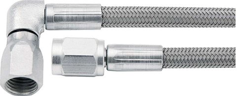 AN Hose Assembly - 10 in Long - 3 AN Hose - 3 AN Straight Female to 3 AN 90 Degree Female - Braided Stainless - PTFE Lined - Each