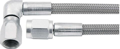 AN Hose Assembly - 14 in Long - 3 AN Hose - 3 AN Straight Female to 3 AN 90 Degree Female - Braided Stainless - PTFE Lined - Each