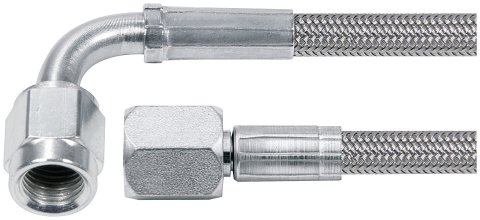 AN Hose Assembly - 48 in Long - 4 AN Hose - 4 AN Straight Female to 4 AN 90 Degree Female - Braided Stainless - PTFE Lined - Set of 5