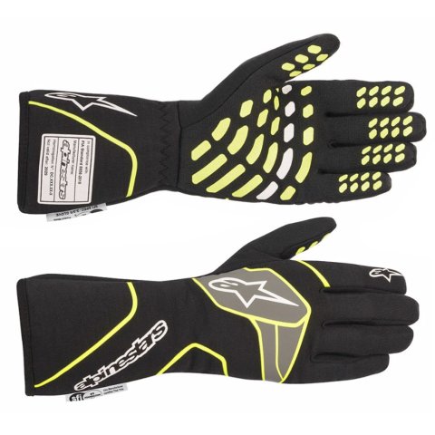 Driving Gloves - Tech-1 Race v2 - SFI 3.3/5 - FIA Approved - Fire Retardant Fabric - Elastic Cuff - Black / Fluorescent Yellow - Small - Pair