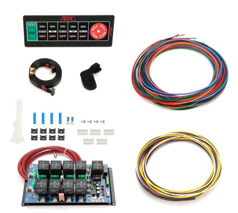 Switch Panel - Dash Mount - 8.75 x 3.25 in - 7 Flat Switches - Fused - Indicator Lights - Relay Board / Wiring Included - Blue Interior Light - Carbon Fiber Look - Kit