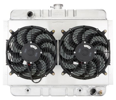 Radiator and Fan - 25.75 in W x 20.7 in H x 3 in D - Driver Side Inlet - Passenger Side Outlet - Aluminum - Polished - Automatic - GM X-Body 1962-67 - Kit