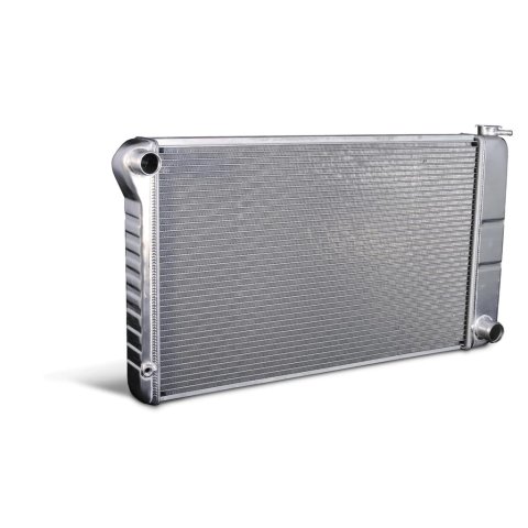 Radiator - Direct Fit - 33 in W x 18.5 in H x 3.25 in D - Single Pass - Driver Side Inlet - Passenger Side Outlet - Manual Transmission - Aluminum - Black Paint - GM A-Body 1968-72 - Each