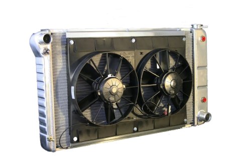 Radiator and Fan - Pro-Series - 33 in W x 18.5 in H x 6.75 in D - Dual Fans - Driver Side Inlet - Passenger Side Outlet - Automatic Transmission - Aluminum - Natural - GM A-Body 1968-72 - Kit