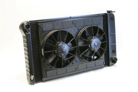 Radiator and Fan - Pro-Series - 33 in W x 18.5 in H x 6.75 in D - Dual Fans - Driver Side Inlet - Passenger Side Outlet - Automatic Transmission - Aluminum - Black Paint - GM Fullsize Truck 1967-72 - Kit