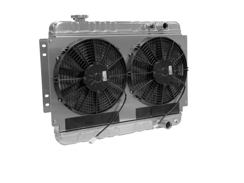 Radiator and Fan - LSX Conversion - 33 in W x 18.5 in H x 3.25 in D - Dual Fans - Passenger Side Inlet - Passenger Side Outlet - Manual Transmission - Aluminum - Natural - GM A-Body 1973-77 - Kit