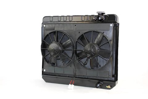 Radiator and Fan - LSX Conversion - 25.5 in W x 22.75 in H x 6.75 in D - Dual Fans - Passenger Side Inlet - Passenger Side Outlet - Manual Transmission - Aluminum - Black Paint - GM Fullsize Truck 1963-66 - Kit