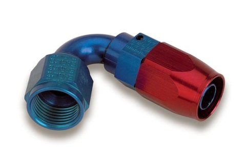 Fitting - Hose End - Swivel-Seal - 120 Degree - 6 AN Hose to 6 AN Female Swivel - Aluminum - Blue / Red Anodized - Each