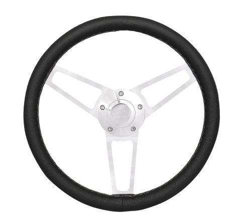 Steering Wheel - Billet Series for Chevrolet - 13.75 in Diameter - Flat - 3-Spoke - Black Leather Grip - Chevrolet Bowtie Logo - Aluminum - Polished - GM 1957-69 - Each