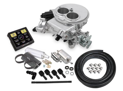 Fuel Injection - Sniper EFI - Master Kit - Throttle Body - Holley Flange - Fittings / Fuel Pressure Regulator / O2 Sensor / Programmer Included - Aluminum - Silver - Kit