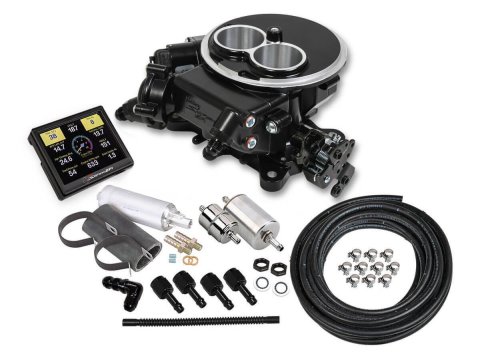Fuel Injection - Sniper EFI - Master Kit - Throttle Body - Holley 2-Barrel Flange - Fittings / Fuel Pressure Regulator / O2 Sensor / Programmer Included - Aluminum - Black - Kit