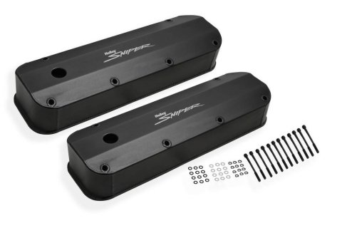 Valve Cover - Sniper - Tall - Baffled - Breather Holes - Sniper Logo - Fabricated Aluminum - Black Powder Coat - Ford Big Block - Pair