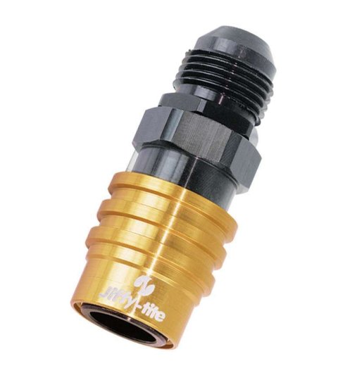 Quick Release Adapter - 3000 Series - Straight - 8 AN Male to Quick Release Socket - Valved - FKM Seal - Aluminum - Black / Gold Anodized - Each