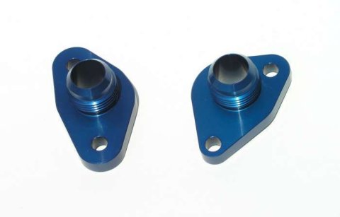Water Pump Adapter - Standard to Remote - 12 AN Male Ports - O-Ring Seal - Aluminum - Blue Anodized - Small Block Ford - Pair