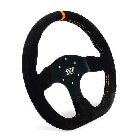 Steering Wheel - Touring car / GT / Track days / SXS - 13 in Diameter - D-Shaped - 1.25 in Dish - 3-Spoke - Black Suede Grip - Orange Stripe - Aluminum - Black Anodized - Each