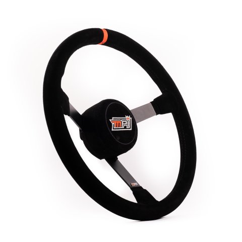 Steering Wheel - Lightweight - 16 in Diameter - 3.5 in Dish - 3-Spoke - Black Suede Grip - Orange Stripe - Thumb Insert - Steel - Black Powder Coat - Each