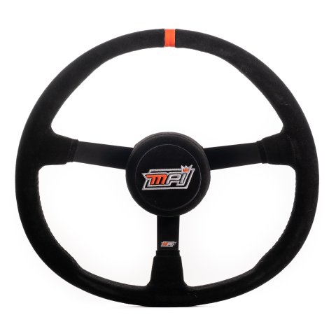 Steering Wheel - Asphalt Circle Track - 15 in Diameter - 3 in Dish - 3-Spoke - Black Suede Grip - Orange Stripe - Thumb Insert - Steel - Black Powder Coat - Each