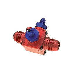 Spray Bar Distribution Block - 12 AN Male x 12 AN Male - Two 4 AN Male Fittings - Aluminum - Red Anodized - Spray Bar Valve Cover - Each