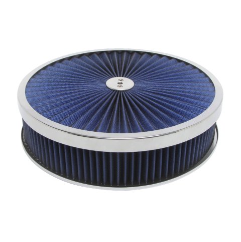 Air Cleaner Assembly - Super Flow - 14 in Diameter - 3 in Tall - 5-1/8 in Carb Flange - Flat Base - Blue Reusable Cotton - Steel - Chrome - Kit