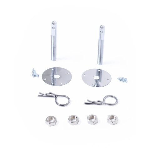 Hood Pin - 0.5 in OD x 3.875 in Long - 2.5 in OD Scuff Plates - Hairpin Clips - Lanyards - Hardware Included - Steel - Chrome - Kit
