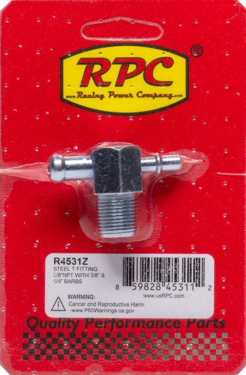 Fitting - Adapter Tee - 3/8 in Hose Barb to 1/4 in Hose Barb - 3/8 in NPT Male - Steel - Zinc Plated - Each