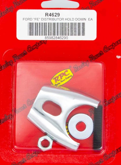 Distributor Hold Down - Stud Mounted - Hardware Included - Steel - Chrome - Ford FE-Series - Each