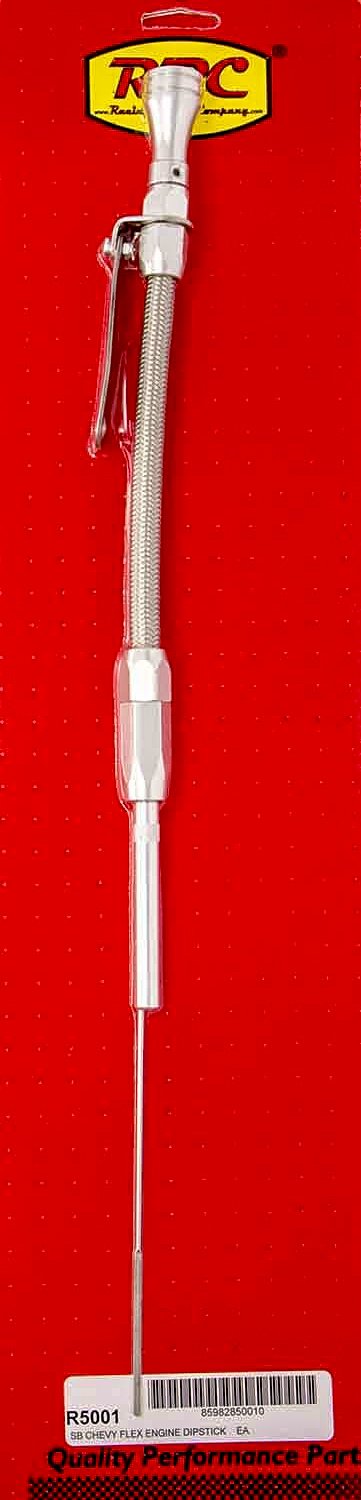 Engine Oil Dipstick - Flexible - Block Mount - Braided Stainless - Aluminum - Clear Anodized - Small Block Chevy - Each