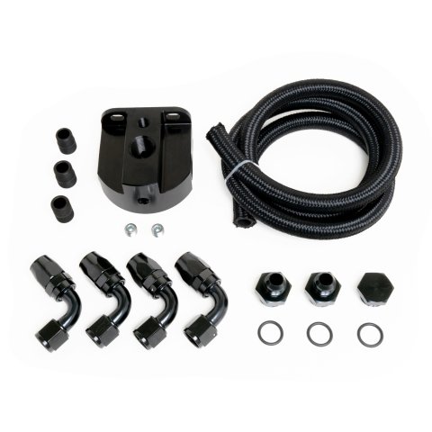 Remote Oil Filter Mount - Single Filter - 13/16-16 in / 3/4-16 in / 22 mm 1.5 Thread - 10 AN Female Inlet - 10 AN Female Outlet - Bolt-On - 2-Bolt Flat Mount - Aluminum - Black Anodized - Kit
