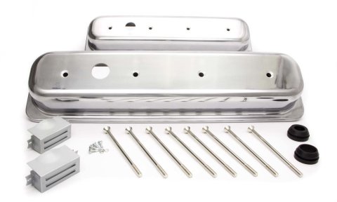 Valve Cover - Short - 2.563 in Height - Baffled - Breather Holes - Grommets / Hardware Included - Aluminum - Polished - Center Bolt - Small Block Chevy - Pair