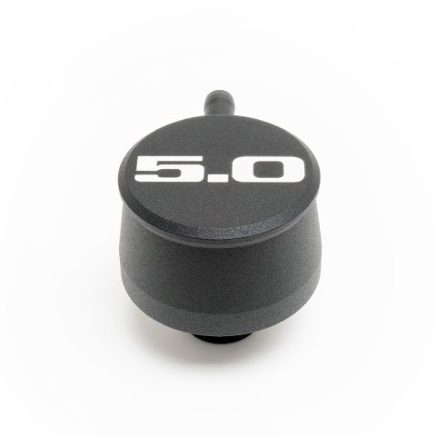 Breather - Push-In - Round - 1-1/4 in Hole - PCV Valve - 5.0 Script Logo - Aluminum - Black Powder Coat - Each