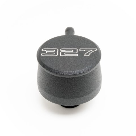 Breather - Push-In - Round - 1-1/4 in Hole - PCV Valve - 327 Script Logo - Aluminum - Black Powder Coat - Each