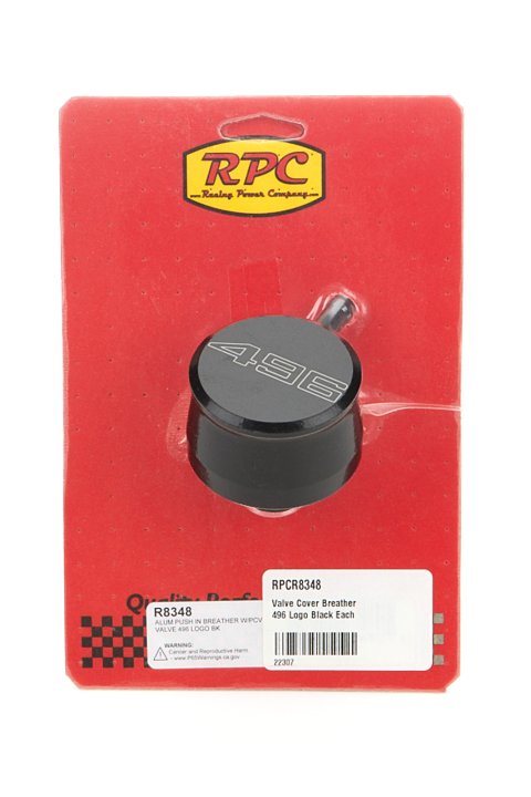 Breather - Push-In - Round - 1-1/4 in Hole - PCV Valve - 496 Script Logo - Aluminum - Black Powder Coat - Each