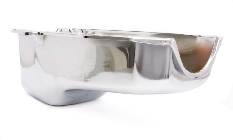 Engine Oil Pan - Rear Sump - 4 qt - Stock Depth - Steel - Chrome - 2-Piece Seal - Small Block Chevy - Each