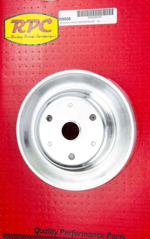 Crankshaft Pulley - V-Belt - 3 Groove - 7.8 in Diameter - Steel - Chrome - Long Water Pump - Small Block Chevy - Each