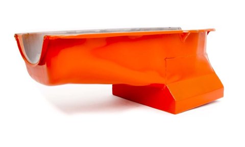Engine Oil Pan - Drag Race - Rear Sump - 7 qt - 8.25 in Deep - Steel - Orange Paint - 2-Piece Seal - Small Block Chevy - Each