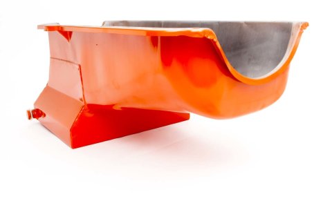 Engine Oil Pan - Drag Race - Rear Sump - 7 qt - 8.25 in Deep - Steel - Orange Paint - 2-Piece Seal - Small Block Chevy - Each