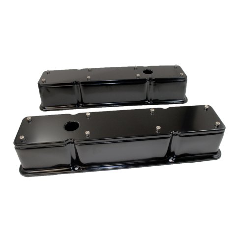 Valve Cover - Tall - 3.813 in Height - Breather Hole - Hidden Coils - 2-Piece - Steel - Black Powder Coat - Small Block Chevy - Pair