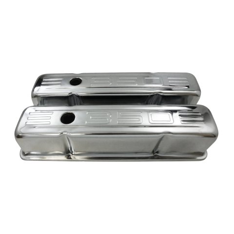 Valve Cover - Tall - 3.625 in Height - Ribbed - Baffled - Breather Holes - Grommets Included - 350 Logo - Steel - Polished - Small Block Chevy - Pair