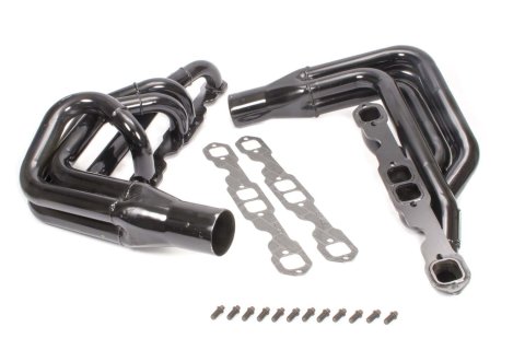 Headers - IMCA-UMP Stock Car - 1.625 to 1.75 in Primary - 3 in Collector - Gaskets / Hardware Included - Steel - Black Paint - Small Block Chevy - Pair