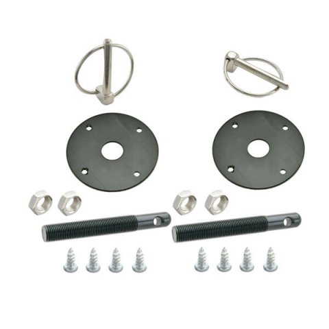 Hood Pin - 0.5 in OD x 4 in Long - 2.25 in OD Scuff Plates - Torsion Clips - Hardware Included - Aluminum - Black Anodized - Kit