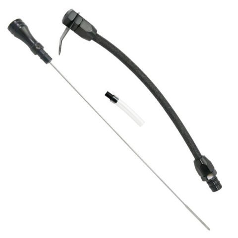 Transmission Dipstick - Transmission Mount - Flexible - OEM Length - Braided Stainless - Aluminum - Black Anodized - TH350 - Each