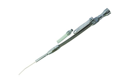 Engine Oil Dipstick - Flexible - Pan Mount - Braided Stainless - Aluminum - Chrome - Big Block Chevy - Each