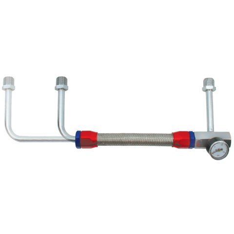 Carburetor Fuel Line - 3/8 in NPT Female Inlet - 5/8-18 in Dual Outlets - Pressure Gauge - Braided Stainless - Blue / Red / Silver - Holley Carbs - Kit
