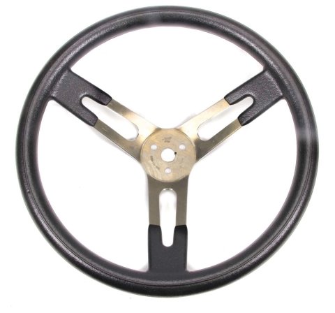 Steering Wheel - 17 in Diameter - 3 in Dish - 3-Spoke - Black Rubberized Bump Grip - Aluminum - Brushed - Each