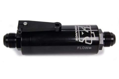 Fuel Filter - In-Line - 100 Micron - Stainless Element - 12 AN Male Inlet - 12 AN Male Outlet - Fuel Shutoff - Aluminum - Black Anodized - Each